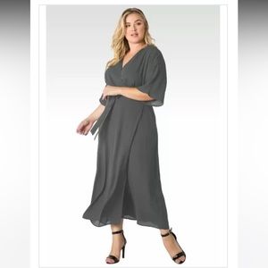 Plus Size Smoke Grey Kimono Wrap Maxi Dress